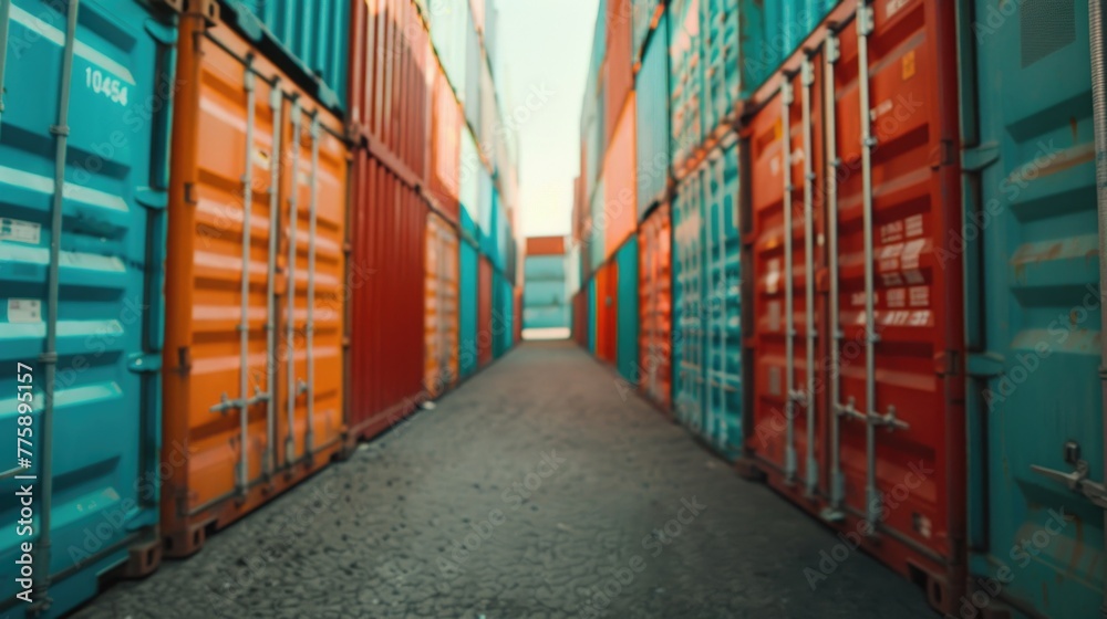 Poster a narrow alley between rows of shipping containers. suitable for industrial concepts