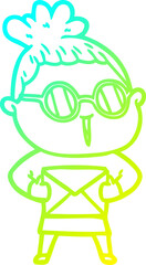 cold gradient line drawing of a cartoon woman wearing spectacles