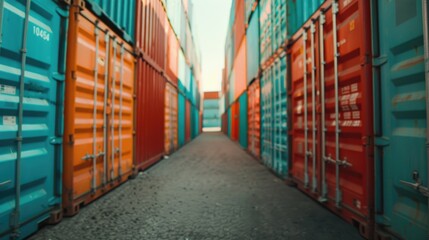 Fototapeta premium A narrow alley between rows of shipping containers. Suitable for industrial concepts