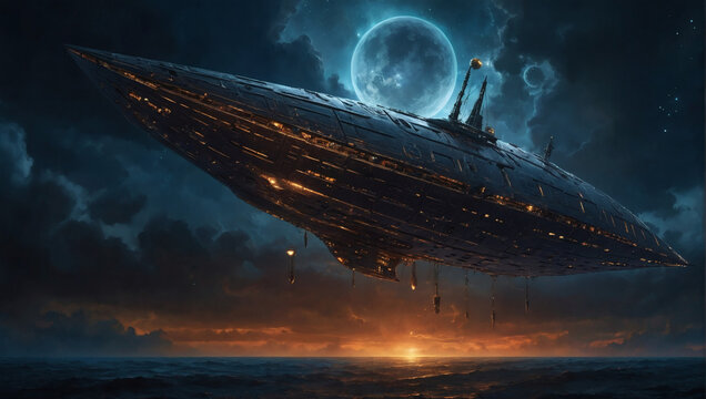 A looming, alien satellite schooner floats ominously amidst a blackened sky, its intricate metallic hull covered in ethereal glowing runes that seem to shift and dance.