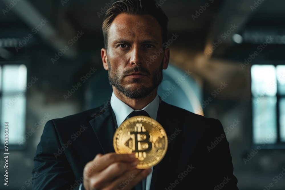 Poster a man in a suit holding a bitcoin, suitable for finance and cryptocurrency concepts