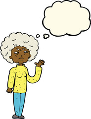 cartoon annoyed old woman waving with thought bubble