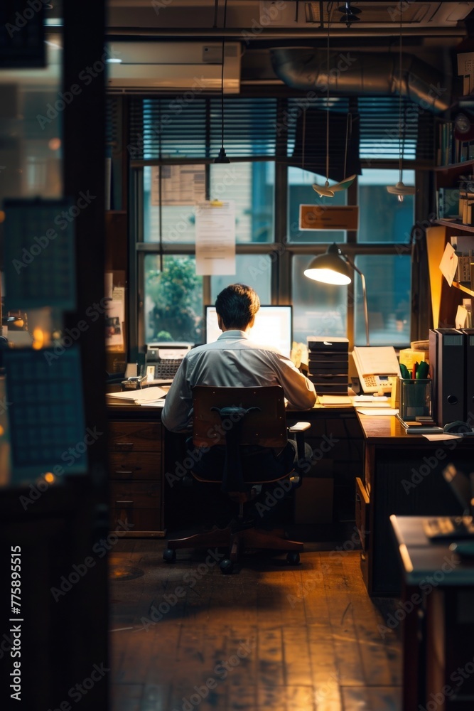 Poster A man sitting at a desk in front of a computer. Suitable for business and technology concepts