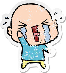 distressed sticker of a cartoon crying bald man