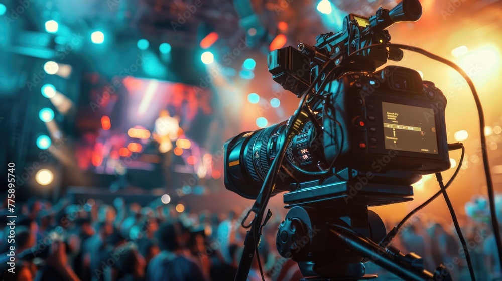 Poster A video camera set up on a tripod capturing a crowd, perfect for event coverage