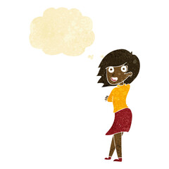 cartoon happy woman with thought bubble