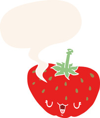 cartoon strawberry with speech bubble in retro style
