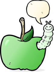 cartoon apple with bug with speech bubble