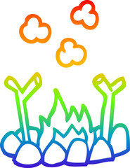rainbow gradient line drawing of a cartoon camp fire