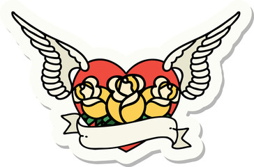 Naklejka premium sticker of tattoo in traditional style of a flying heart with flowers and banner