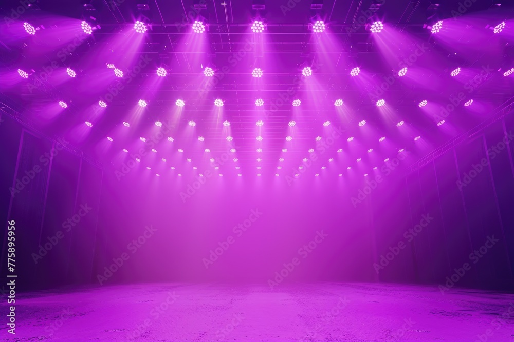 Poster an empty stage illuminated by purple lighting. suitable for concert or performance concepts