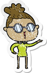distressed sticker of a cartoon woman wearing spectacles