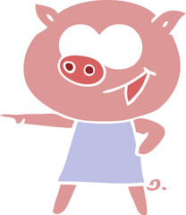 cheerful pig in dress pointing flat color style cartoon
