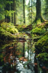Fototapeta na wymiar A peaceful stream flowing through a vibrant green forest. Suitable for nature and outdoor themes