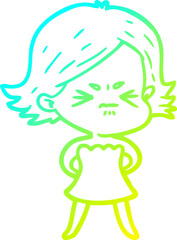 cold gradient line drawing of a cartoon angry woman