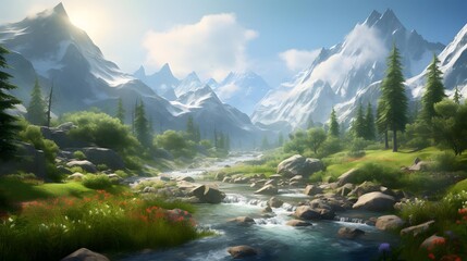 Panoramic view of the mountains and the river. Panoramic landscape.