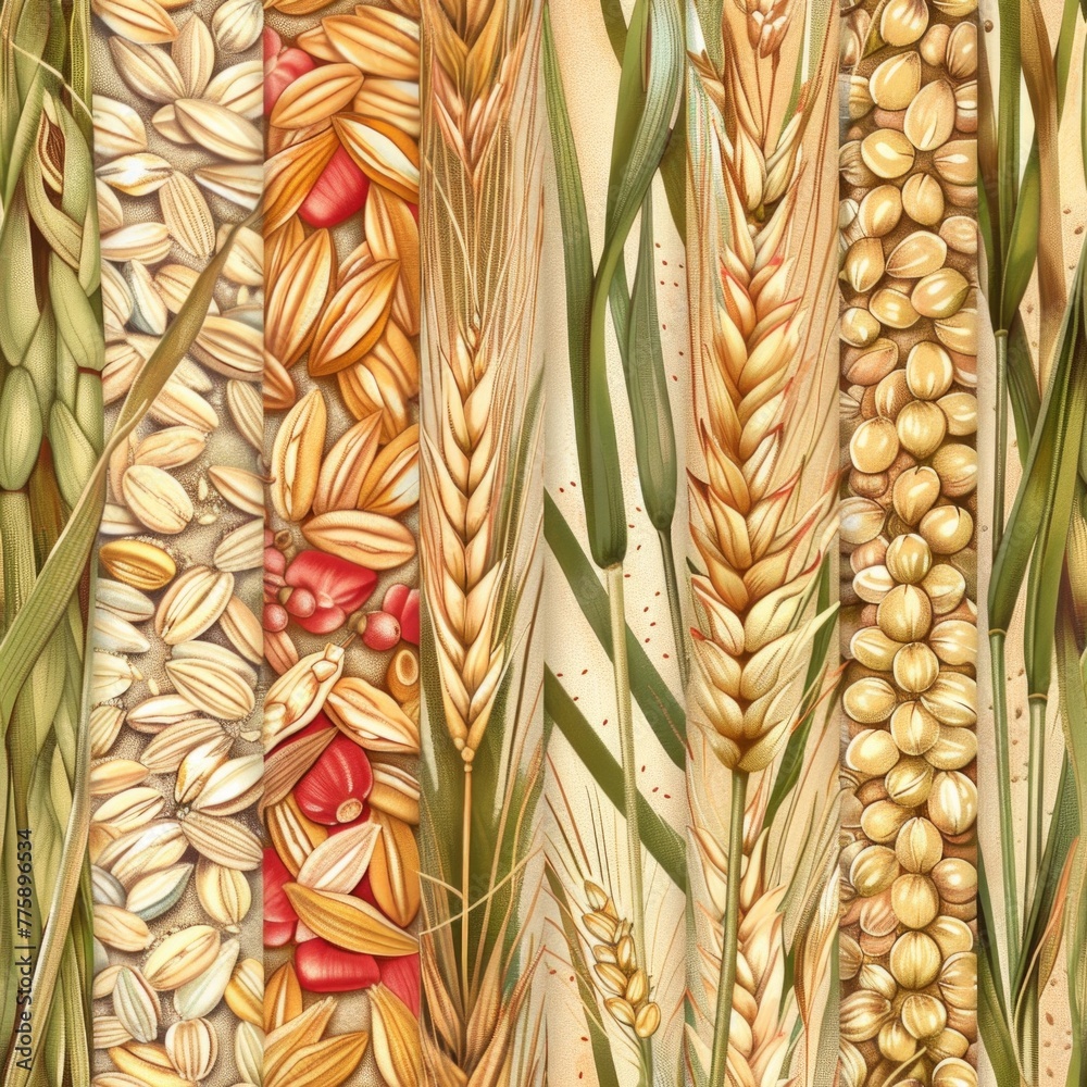 Poster Assorted wheat grains on a tabletop, suitable for food and agriculture concepts