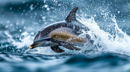 A splash of water explodes from a playful dolphin's leap, freezing the exuberant moment in time, showcasing the dynamic energy and grace of marine life - obrazy, fototapety, plakaty