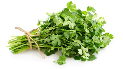 A bunch of cilantro on a clean white surface. Great for culinary themes