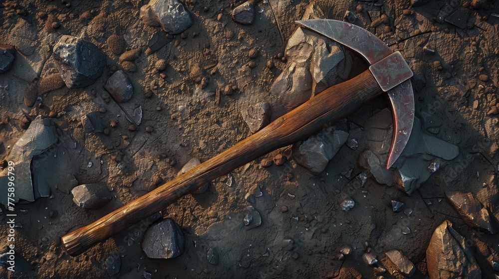 Poster a hammer laying on the ground next to rocks. suitable for construction or diy projects