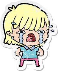 distressed sticker of a cartoon girl crying