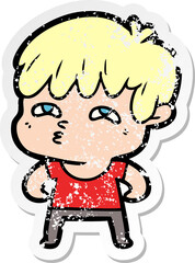 distressed sticker of a cartoon curious man