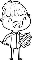 cartoon happy boy with clip board laughing