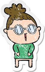 distressed sticker of a cartoon woman wearing spectacles