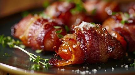 Close-Up View of Bacon-Wrapped Dates Garnished with Fresh Herbs and Sea Salt on a Dark Plate - obrazy, fototapety, plakaty