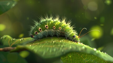 Naklejka premium a caterpillar as it munches on a vibrant green leaf, its tiny legs and fuzzy body creating a scene of playful curiosity.