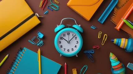 A captivating scene with a classic alarm clock placed alongside vibrant school equipment on a rich...