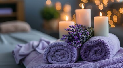 Three lit candles with loose wax rolled lavender colored towels and a bouquet of blooming lavender on a couch in a massage parlor
