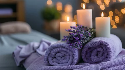 Printed roller blinds Massage parlor Three lit candles with loose wax rolled lavender colored towels and a bouquet of blooming lavender on a couch in a massage parlor