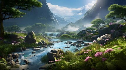 Beautiful panoramic view of a mountain river with flowers in the foreground