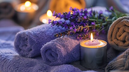 Three lit candles with loose wax rolled lavender colored towels and a bouquet of blooming lavender...