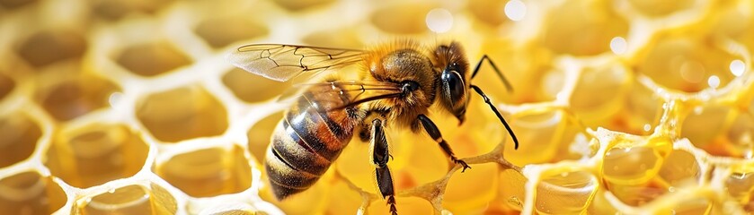 Bee with a honeythemed background, 8K resolution - obrazy, fototapety, plakaty