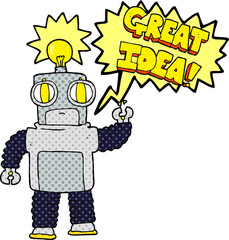 freehand drawn comic book speech bubble cartoon robot with great idea