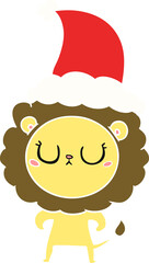 hand drawn flat color illustration of a lion wearing santa hat