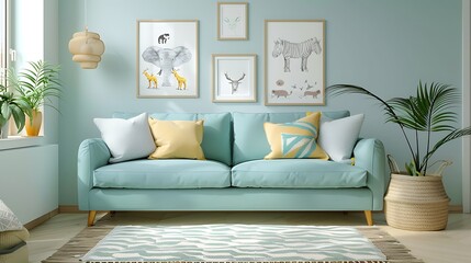 Turquoise sofa with pillows standing in bright baby room with material baskets rug and posters with animals
