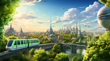 The cityscape with buildings and green trees, futuristic electric train, flying cars and airships floating above the sky. Future world, Future of urban. Transportation concept