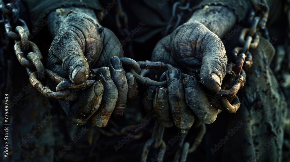 Poster Close up shot of two hands holding a chain, suitable for illustrating concepts of unity and strength
