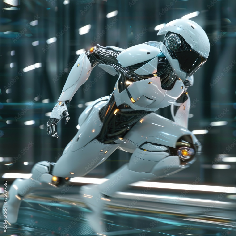 Poster A white robot running in the dark, suitable for technology concepts