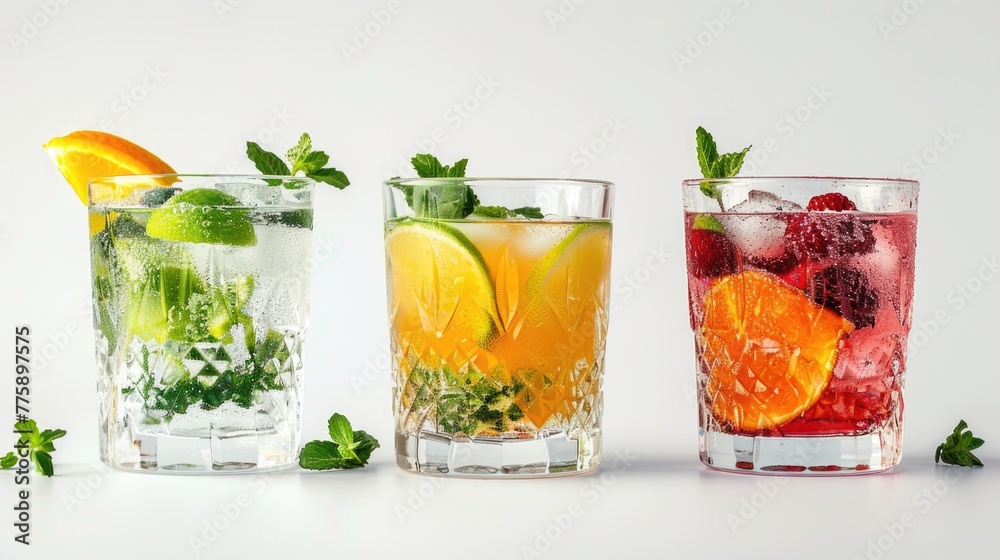 Poster three glasses filled with different types of drinks. perfect for beverage concepts