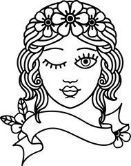traditional black linework tattoo with banner of a maidens face winking