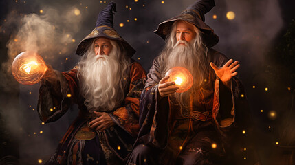 Two wizards with a white beard holding circles, set on a magic. Two wizards in a coat they are helping each other to recite mantras and cast magical spells