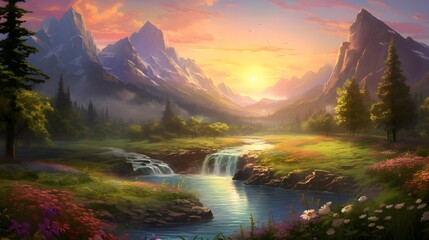 Panoramic view of beautiful mountain landscape with river and forest at sunrise