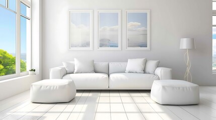 View of living room space with white sofa set and picture frame on white wall and bright laminate floor