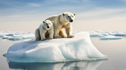 A polar bear climbed onto a melting snow flow. Polar Bear on ice flow. Ursus maritimus. Baffin Bay, Nunavut, Canada, North America, Greenland. Global warming, Climate change concept	 - obrazy, fototapety, plakaty