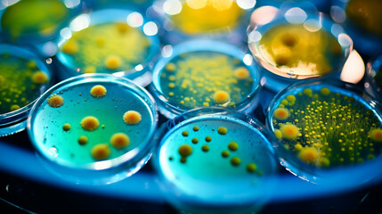 Close up of a petri dish for checking an antibiotic in the laboratory. Bacterial on plate. Samples in petri dish. Research and experiment	 - obrazy, fototapety, plakaty