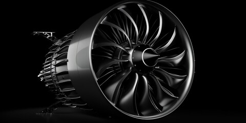Detailed view of a jet engine on a black background. Ideal for aviation industry concepts - obrazy, fototapety, plakaty